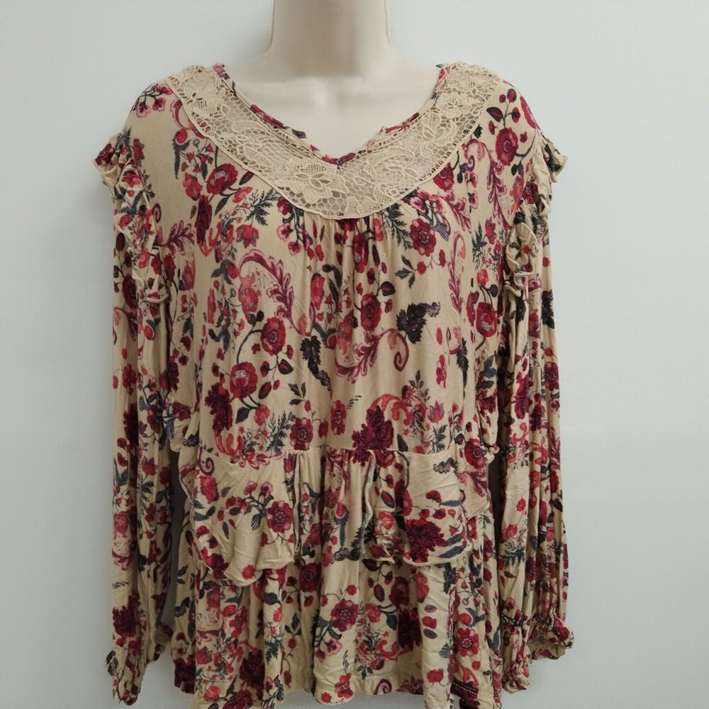 American Vintage Shirt Lg Cream Burgundy Lace Cottagecore
